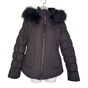Maralyn & Me Women's Black Puffer Jacket Coat Winter Autumn Faux Fur Hooded L
